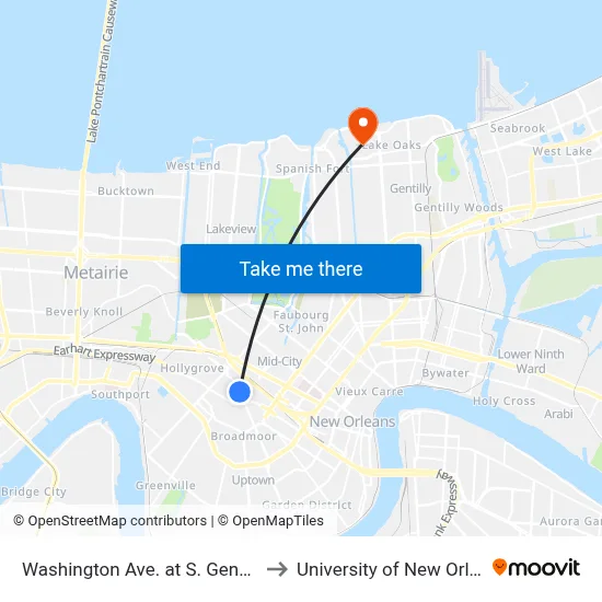 Washington Ave. at S. Genois St. to University of New Orleans map