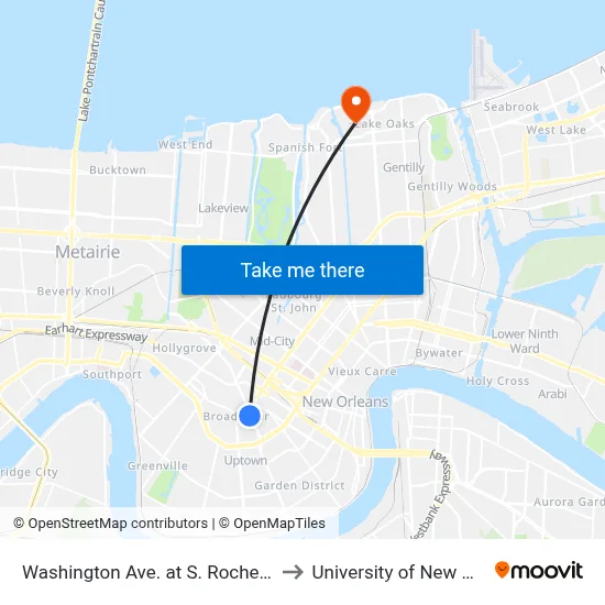Washington Ave. at S. Rocheblave St. to University of New Orleans map