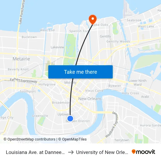 Louisiana Ave. at Danneel St. to University of New Orleans map