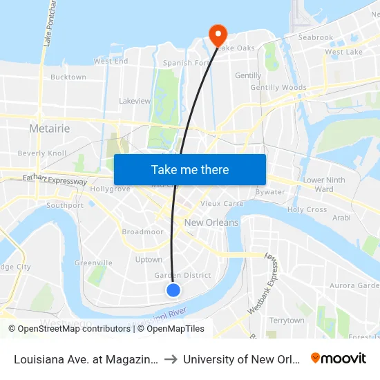 Louisiana Ave. at Magazine St. to University of New Orleans map