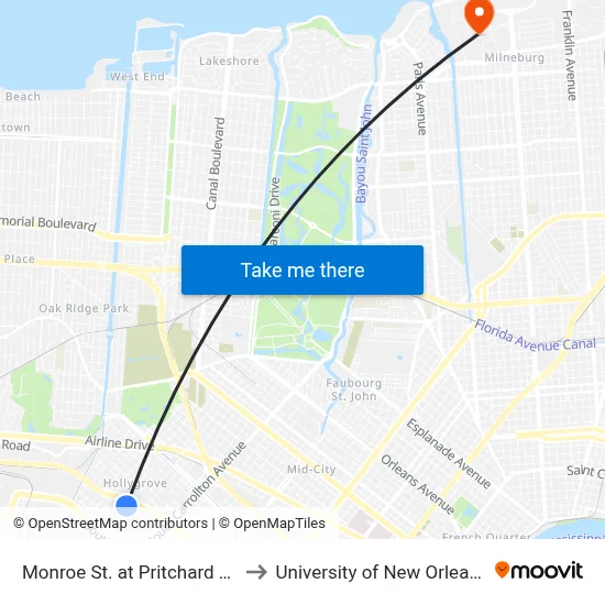 Monroe St. at Pritchard Pl. to University of New Orleans map