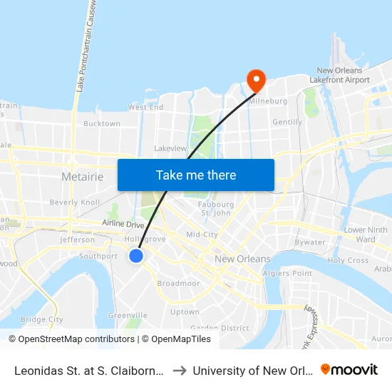 Leonidas St. at S. Claiborne Ave. to University of New Orleans map