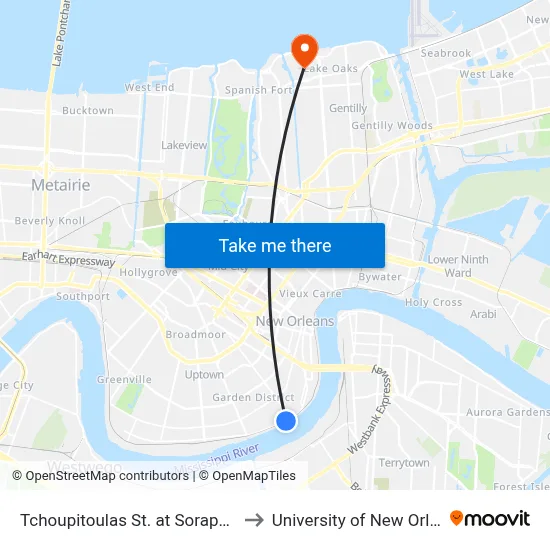 Tchoupitoulas St. at Soraparu St. to University of New Orleans map