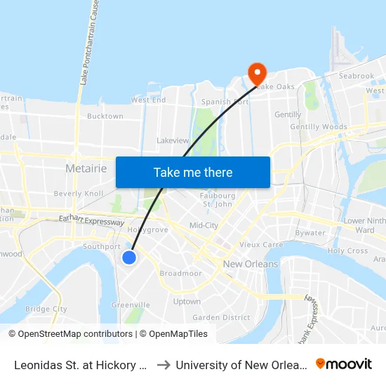 Leonidas St. at Hickory St. to University of New Orleans map