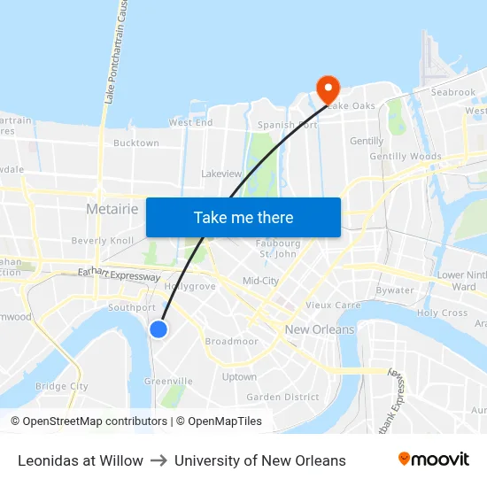 Leonidas at Willow to University of New Orleans map