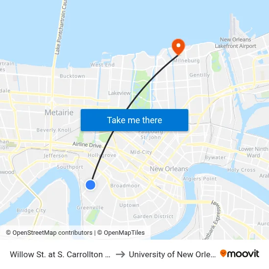 Willow St. at S. Carrollton Ave. to University of New Orleans map