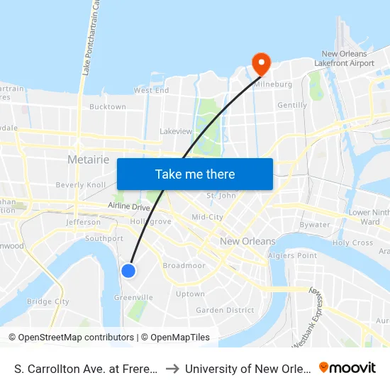 S. Carrollton Ave. at Freret St. to University of New Orleans map