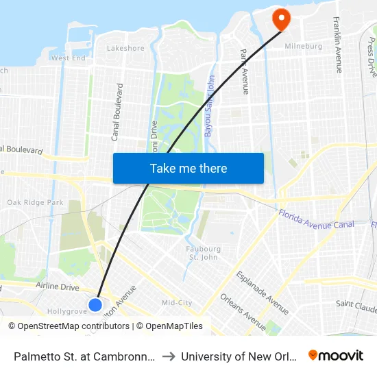 Palmetto St. at Cambronne St. to University of New Orleans map