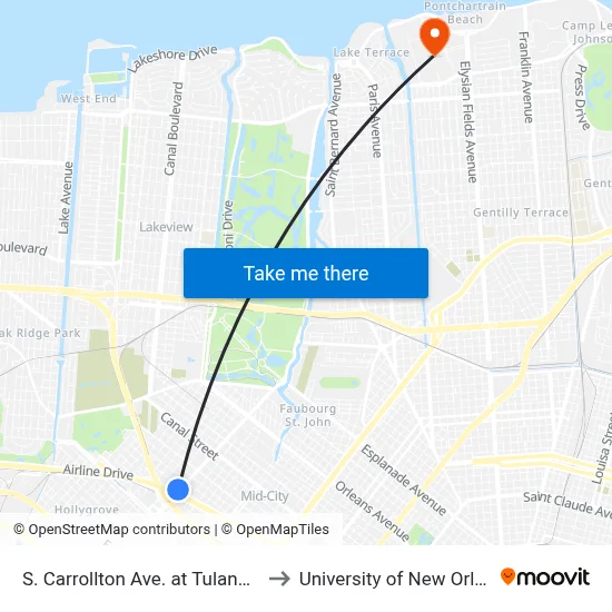 S. Carrollton Ave. at Tulane Ave. to University of New Orleans map