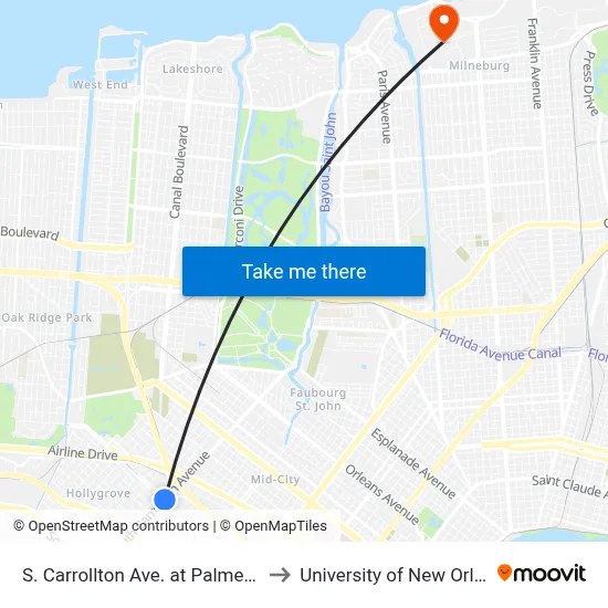 S. Carrollton Ave. at Palmetto St. to University of New Orleans map