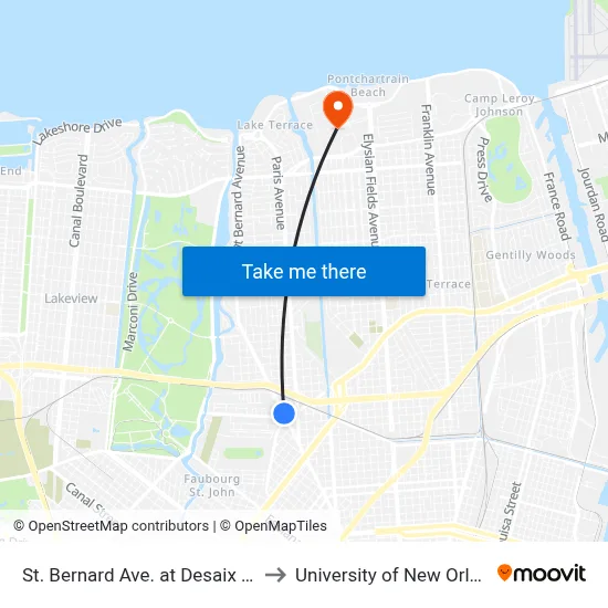 St. Bernard Ave. at Desaix Blvd. to University of New Orleans map