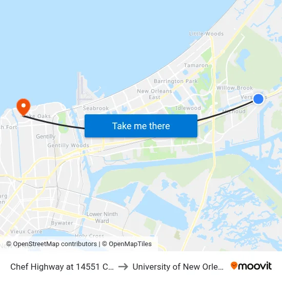 Chef Highway at 14551 Chef to University of New Orleans map