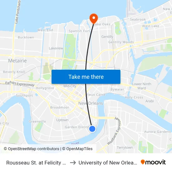 Rousseau St. at Felicity St. to University of New Orleans map