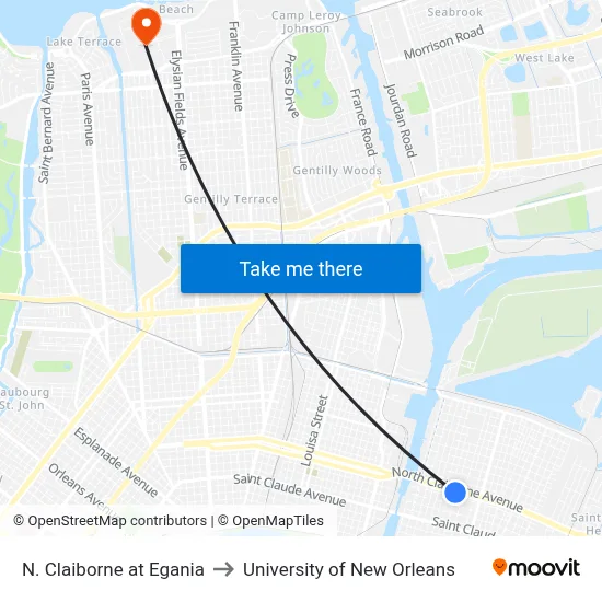 N. Claiborne at Egania to University of New Orleans map
