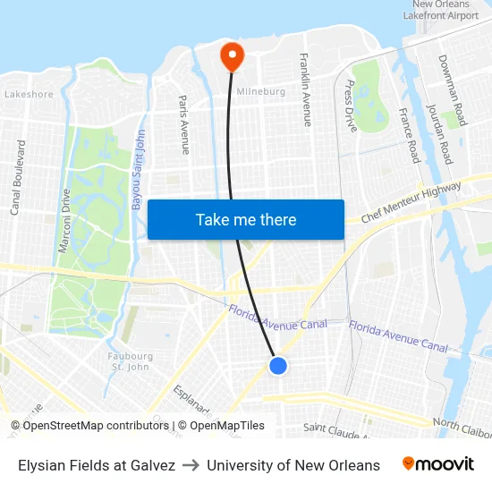 Elysian Fields at Galvez to University of New Orleans map