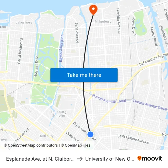 Esplanade Ave. at N. Claiborne Ave. to University of New Orleans map