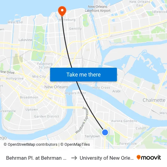 Behrman Pl. at Behrman Hwy. to University of New Orleans map