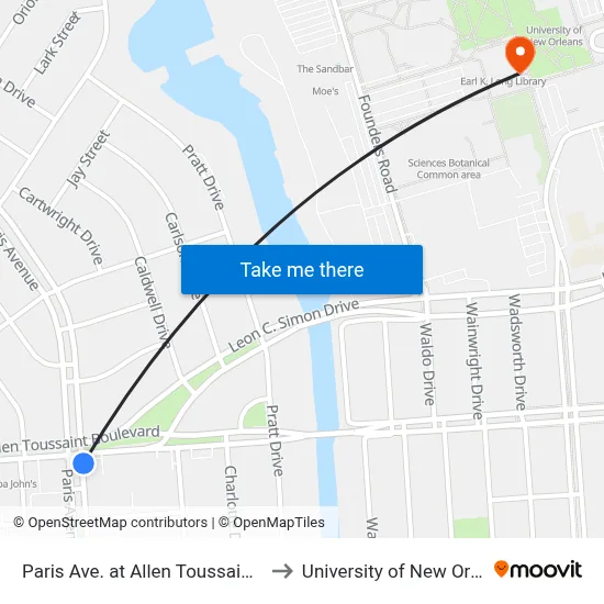 Paris Ave. at Allen Toussaint Blvd. to University of New Orleans map
