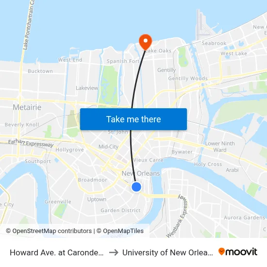Howard Ave. at Carondelet to University of New Orleans map