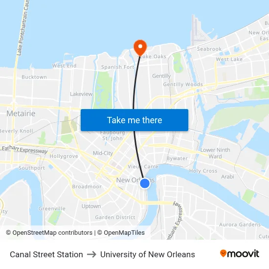 Canal Street Station to University of New Orleans map