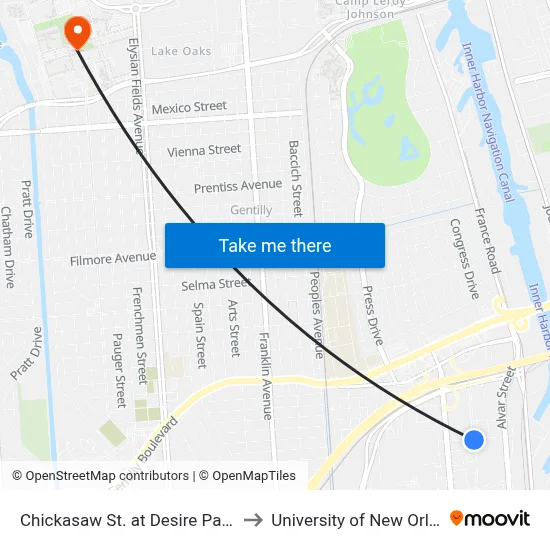 Chickasaw St. at Desire Parkway to University of New Orleans map