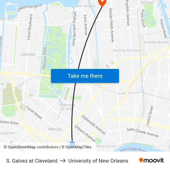 S. Galvez at Cleveland to University of New Orleans map