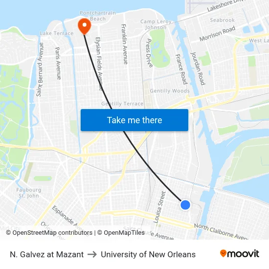 N. Galvez at Mazant to University of New Orleans map