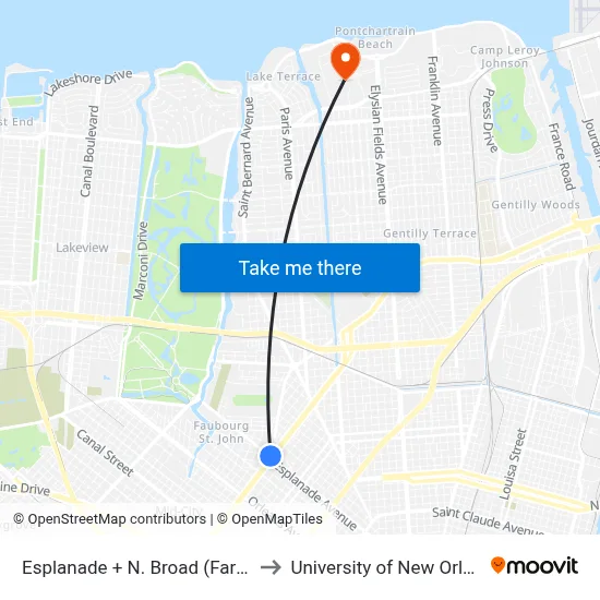 Esplanade + N. Broad (Farside) to University of New Orleans map