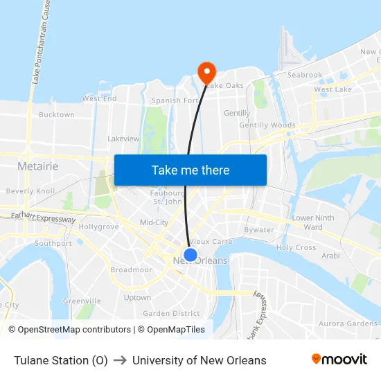 Tulane Station (O) to University of New Orleans map