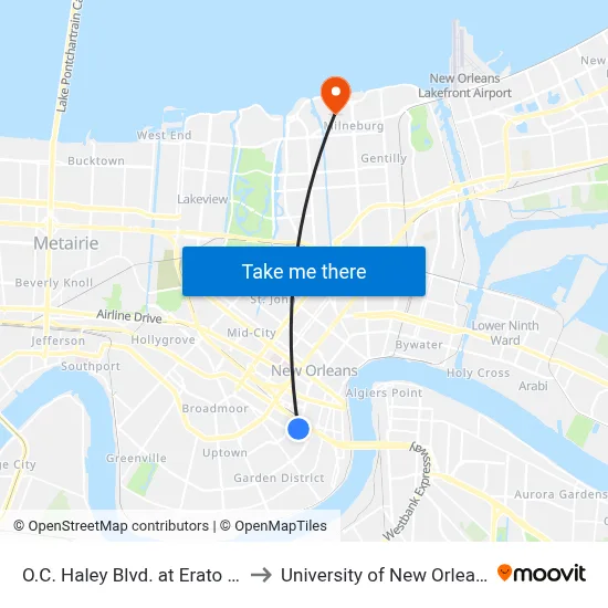 O.C. Haley Blvd. at Erato St. to University of New Orleans map