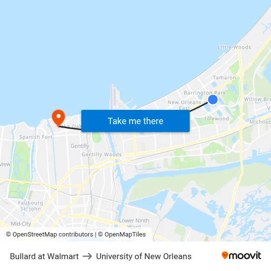 Bullard at Walmart to University of New Orleans map
