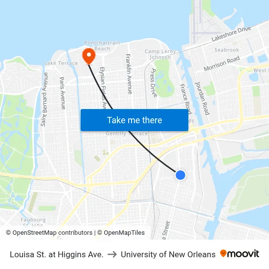 Louisa St. at Higgins Ave. to University of New Orleans map