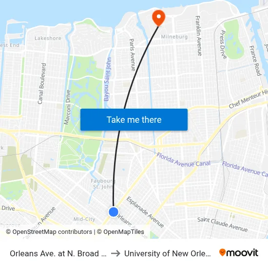 Orleans Ave. at N. Broad St. to University of New Orleans map