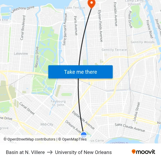 Basin at N. Villere to University of New Orleans map
