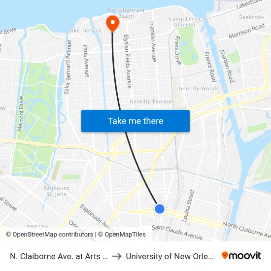 N. Claiborne Ave. at Arts St. to University of New Orleans map