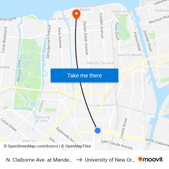 N. Claiborne Ave. at Mandeville St. to University of New Orleans map