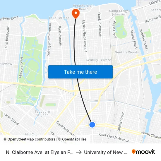 N. Claiborne Ave. at Elysian Fields Ave. to University of New Orleans map