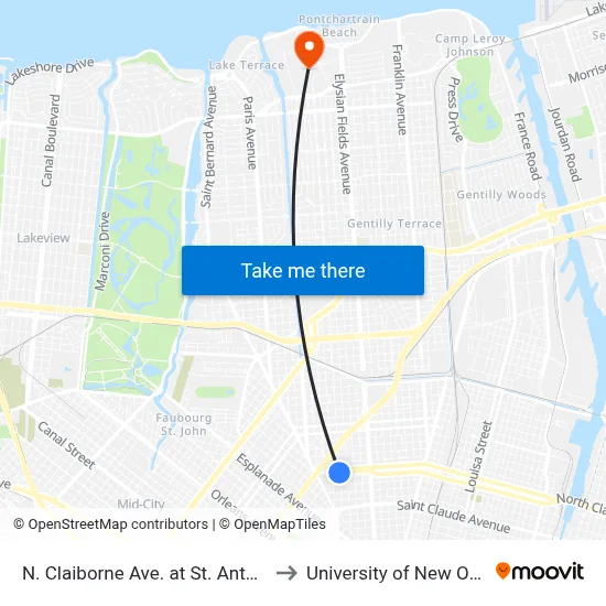 N. Claiborne Ave. at St. Anthony St. to University of New Orleans map
