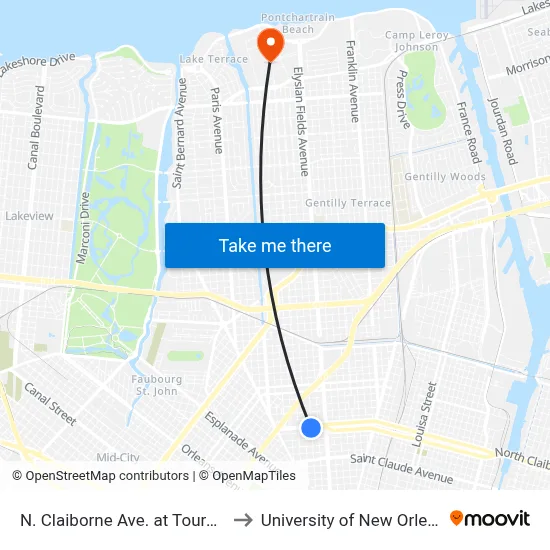 N. Claiborne Ave. at Touro St. to University of New Orleans map