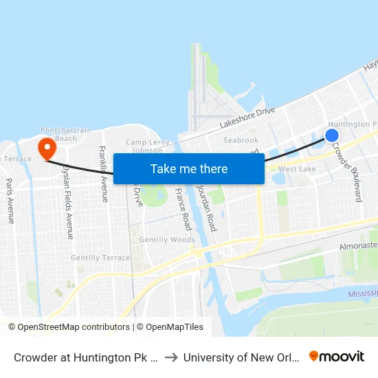Crowder at Huntington Pk (Far) to University of New Orleans map