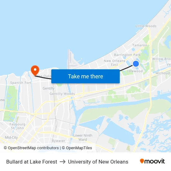 Bullard at Lake Forest to University of New Orleans map