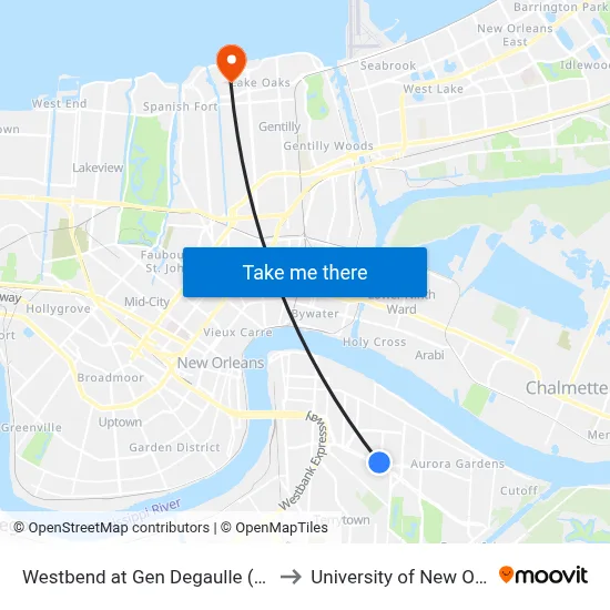 Westbend at Gen Degaulle (Farside) to University of New Orleans map
