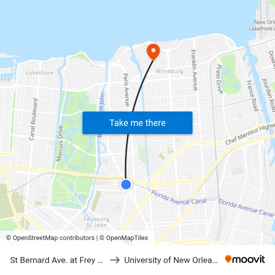 St Bernard Ave. at Frey Pl. to University of New Orleans map