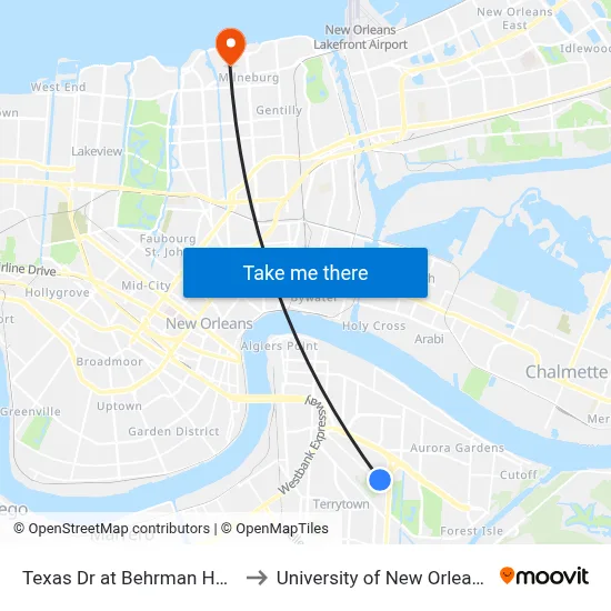 Texas Dr at Behrman Hwy to University of New Orleans map