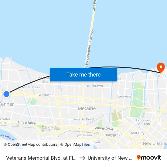 Veterans Memorial Blvd. at Florida Ave. to University of New Orleans map