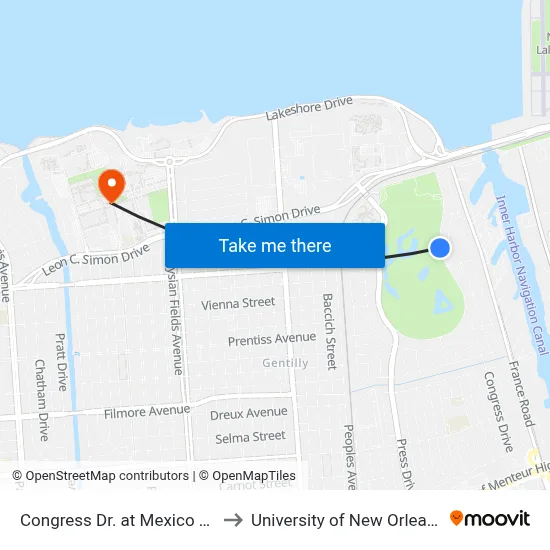 Congress Dr. at Mexico St. to University of New Orleans map