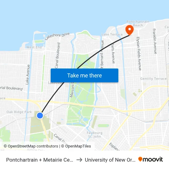 Pontchartrain + Metairie Cemetery to University of New Orleans map