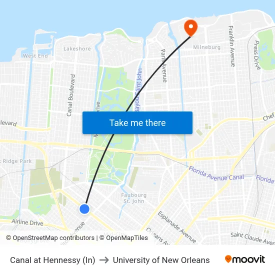 Canal at Hennessy (In) to University of New Orleans map