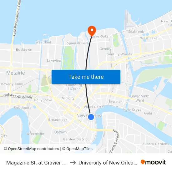Magazine St. at Gravier St. to University of New Orleans map