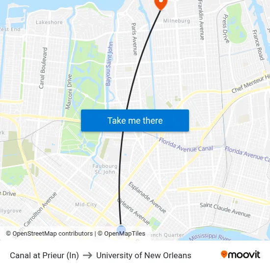 Canal at Prieur (In) to University of New Orleans map